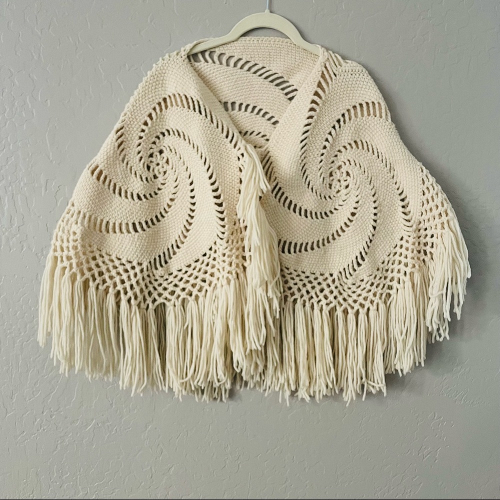 Crochet Boho Wrap Prairie Fringe Detail Shawl One Size